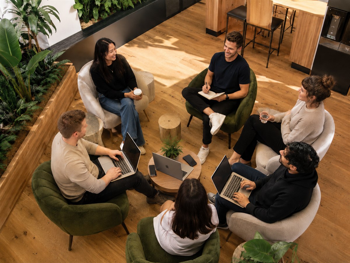 A cross-functional team working together in an office setting